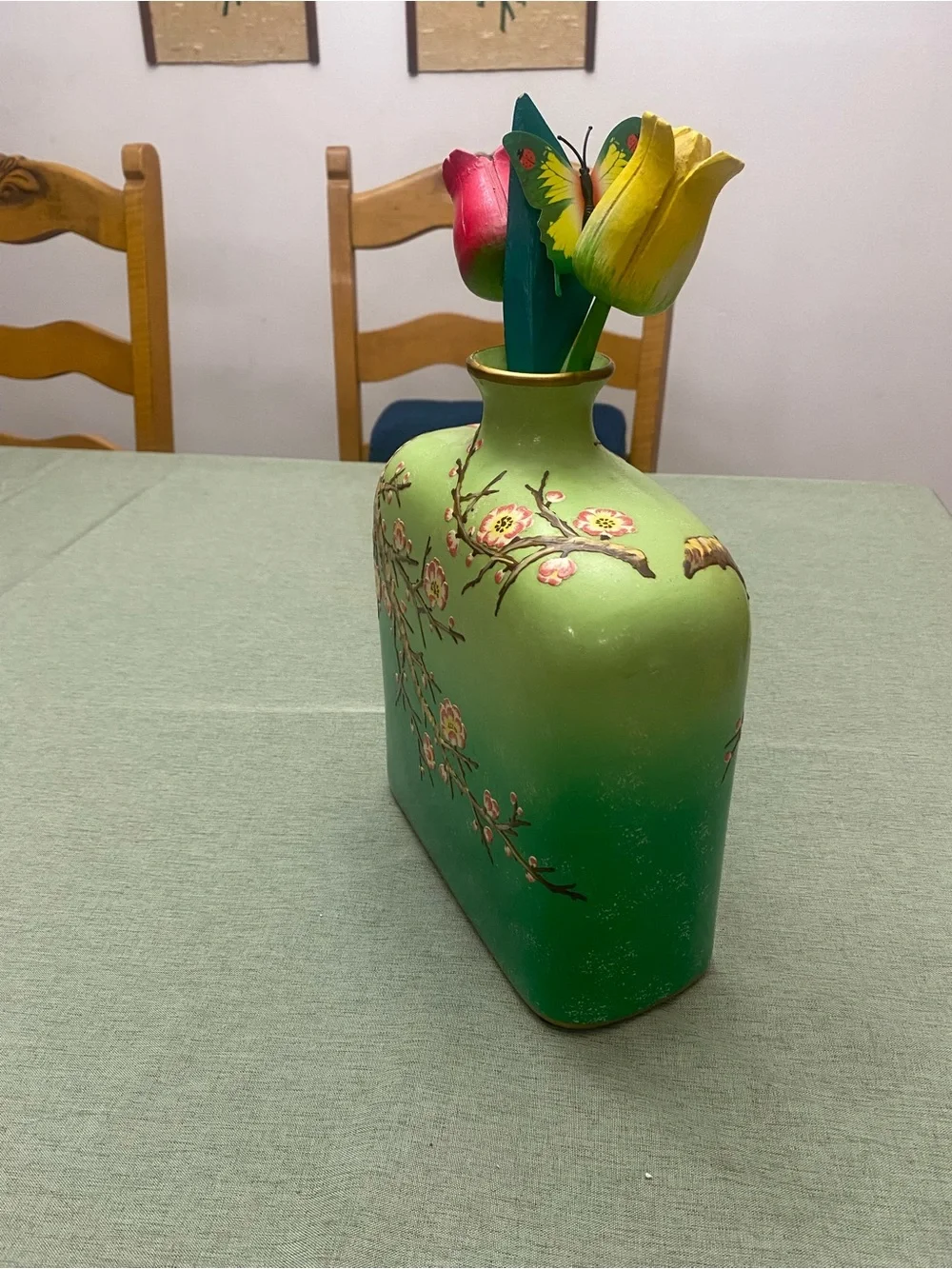 Green Ombre Floral Porcelain Hand-painted Vase with Cherry Blossom Branch Motif